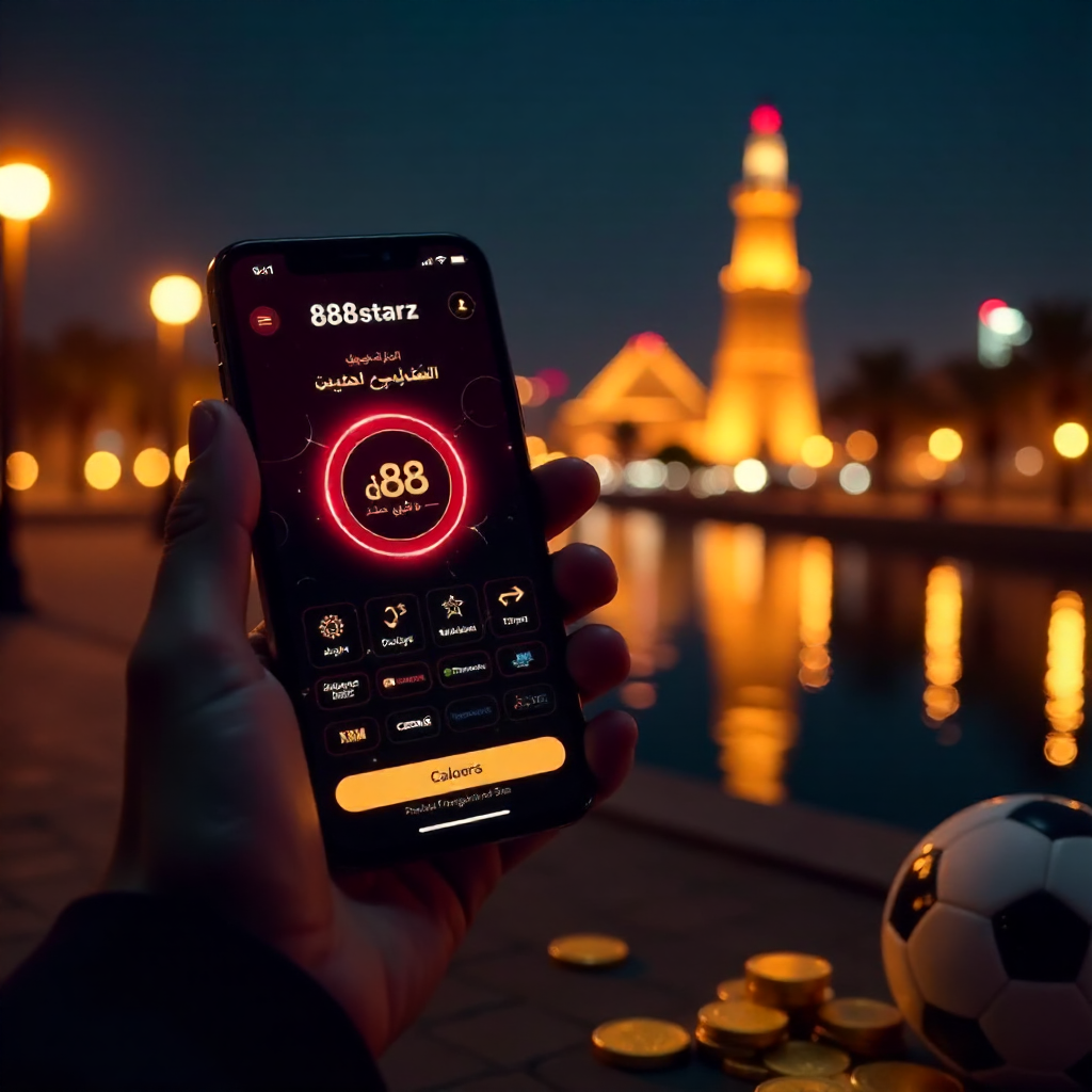 A hand holding a luxury smartphone displaying the official 888starz Egypt app with a sleek red and black interface in Arabic, background is the Cairo Tower and the Nile River at night with vibrant golden and red bokeh lights, 3D golden coins and a soccer